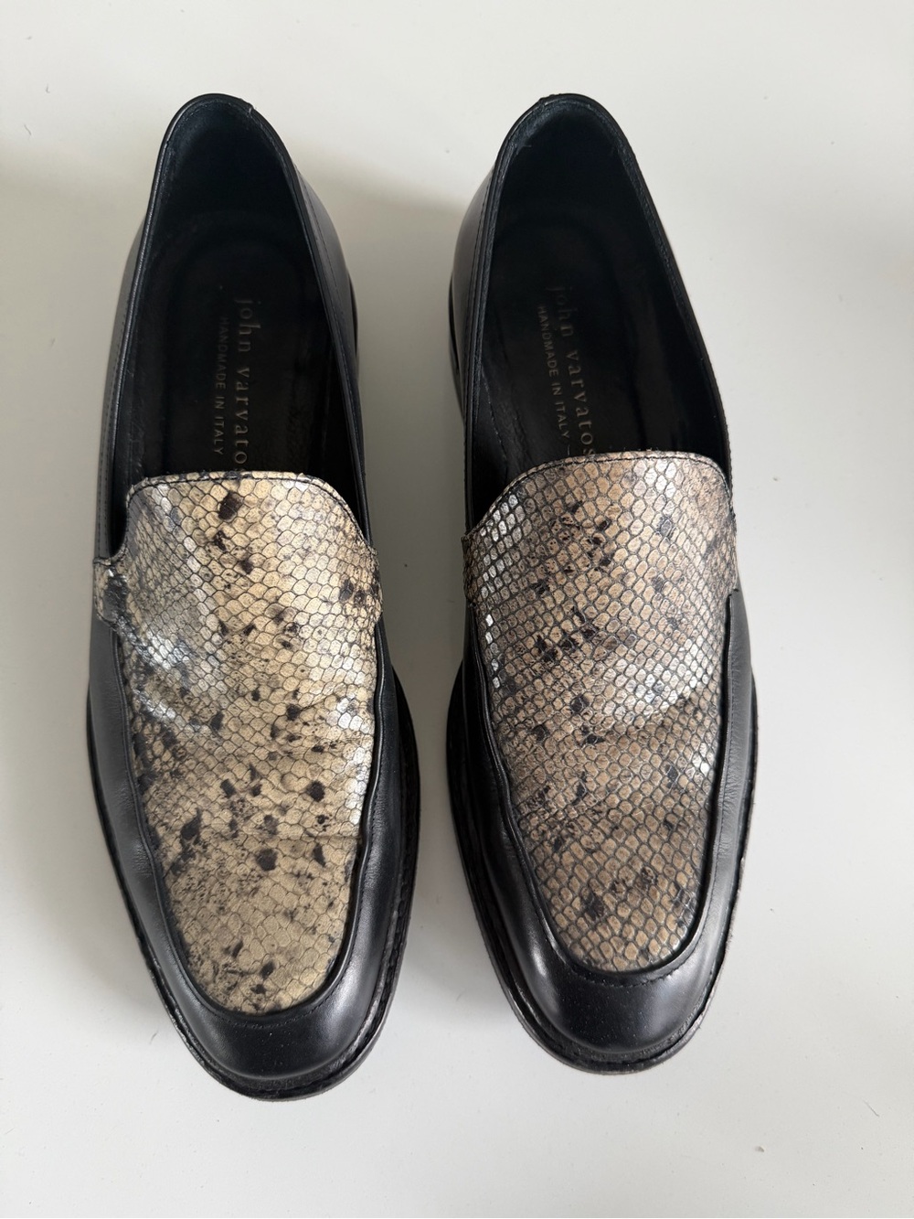John Varvatos Black Leather Loafers with Beige Snake-Print Panel